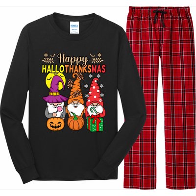 Happy Hallothanksmas Halloween Thanksgiving Gnomes Christmas Gift Long Sleeve Pajama Set