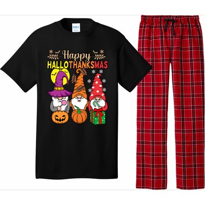 Happy Hallothanksmas Halloween Thanksgiving Gnomes Christmas Gift Pajama Set