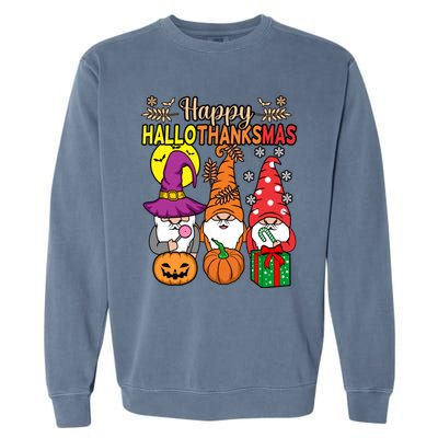 Happy Hallothanksmas Halloween Thanksgiving Gnomes Christmas Gift Garment-Dyed Sweatshirt