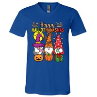 Happy Hallothanksmas Halloween Thanksgiving Gnomes Christmas Gift V-Neck T-Shirt