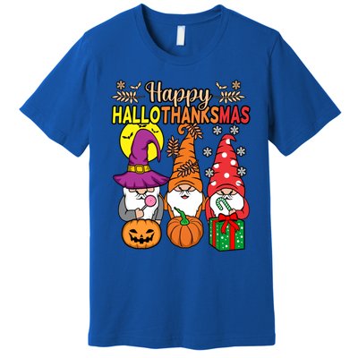 Happy Hallothanksmas Halloween Thanksgiving Gnomes Christmas Gift Premium T-Shirt