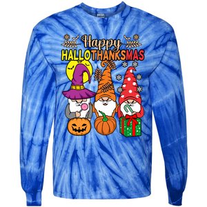 Happy Hallothanksmas Halloween Thanksgiving Gnomes Christmas Gift Tie-Dye Long Sleeve Shirt