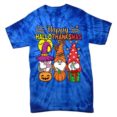 Happy Hallothanksmas Halloween Thanksgiving Gnomes Christmas Gift Tie-Dye T-Shirt