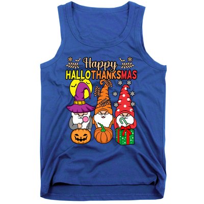 Happy Hallothanksmas Halloween Thanksgiving Gnomes Christmas Gift Tank Top