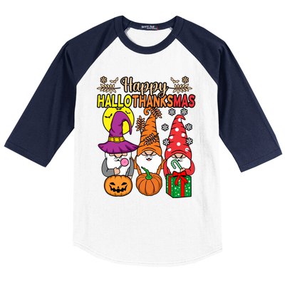 Happy Hallothanksmas Halloween Thanksgiving Gnomes Christmas Gift Baseball Sleeve Shirt