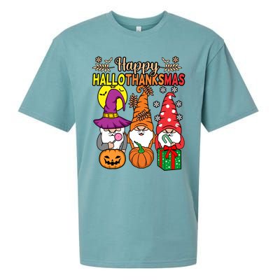 Happy Hallothanksmas Halloween Thanksgiving Gnomes Christmas Gift Sueded Cloud Jersey T-Shirt