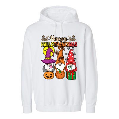 Happy Hallothanksmas Halloween Thanksgiving Gnomes Christmas Gift Garment-Dyed Fleece Hoodie