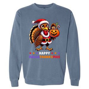 Happy Hallothanksmas Halloween Thanksgiving Xmas Funny Garment-Dyed Sweatshirt