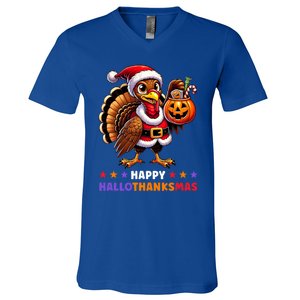 Happy Hallothanksmas Halloween Thanksgiving Xmas Funny V-Neck T-Shirt