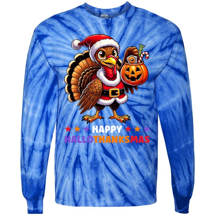 Happy Hallothanksmas Halloween Thanksgiving Xmas Funny Tie-Dye Long Sleeve Shirt