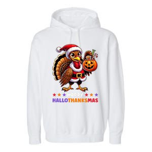 Happy Hallothanksmas Halloween Thanksgiving Xmas Funny Garment-Dyed Fleece Hoodie