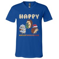 Happy Hallothanksmas Hedgehogs Christmas Gift V-Neck T-Shirt