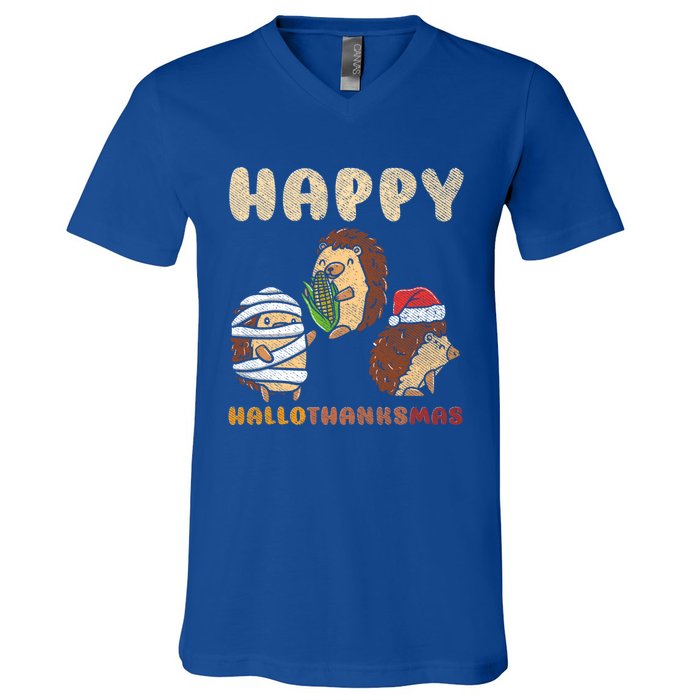 Happy Hallothanksmas Hedgehogs Christmas Gift V-Neck T-Shirt