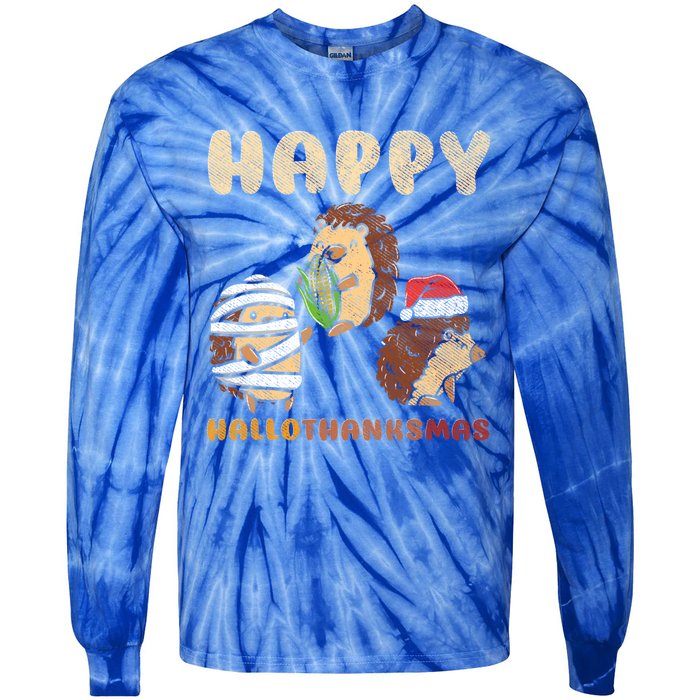 Happy Hallothanksmas Hedgehogs Christmas Gift Tie-Dye Long Sleeve Shirt