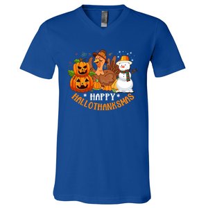 Happy Hallothanksmas Halloween Thanksgiving Christmas Day Gift V-Neck T-Shirt