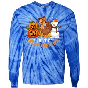 Happy Hallothanksmas Halloween Thanksgiving Christmas Day Gift Tie-Dye Long Sleeve Shirt