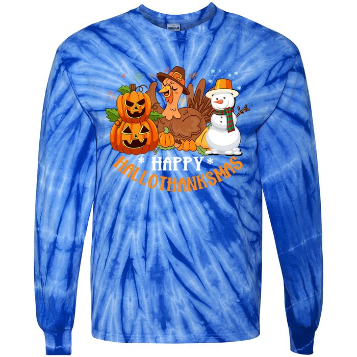 Happy Hallothanksmas Halloween Thanksgiving Christmas Day Gift Tie-Dye Long Sleeve Shirt