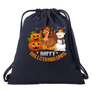 Happy Hallothanksmas Halloween Thanksgiving Christmas Day Gift Drawstring Bag