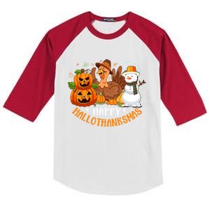 Happy Hallothanksmas Halloween Thanksgiving Christmas Day Gift Kids Colorblock Raglan Jersey