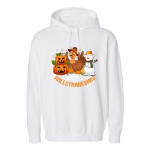 Happy Hallothanksmas Halloween Thanksgiving Christmas Day Gift Garment-Dyed Fleece Hoodie