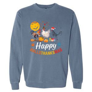 Happy Hallothanksmas Halloween Thanksgiving Xmas Chicken Garment-Dyed Sweatshirt