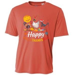 Happy Hallothanksmas Halloween Thanksgiving Xmas Chicken Cooling Performance Crew T-Shirt