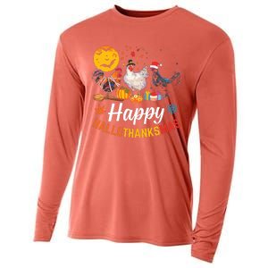 Happy Hallothanksmas Halloween Thanksgiving Xmas Chicken Cooling Performance Long Sleeve Crew