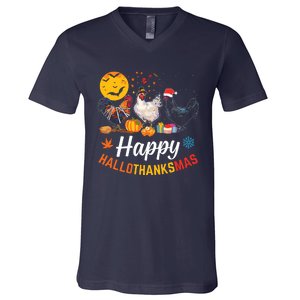 Happy Hallothanksmas Halloween Thanksgiving Xmas Chicken V-Neck T-Shirt