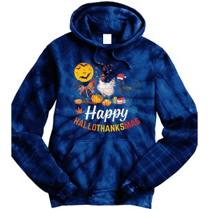 Happy Hallothanksmas Halloween Thanksgiving Xmas Chicken Tie Dye Hoodie