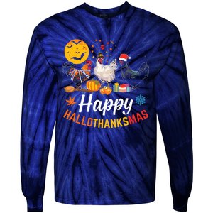 Happy Hallothanksmas Halloween Thanksgiving Xmas Chicken Tie-Dye Long Sleeve Shirt