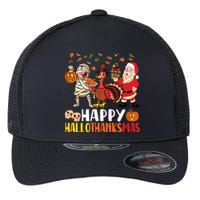 Happy Hallothanksmas Halloween Thanksgiving Christmas Day Long Sleeve Flexfit Unipanel Trucker Cap