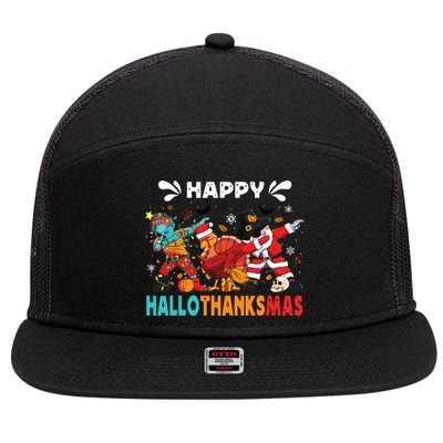 Happy Hallothanksmas Halloween Thanksgiving Christmas 7 Panel Mesh Trucker Snapback Hat