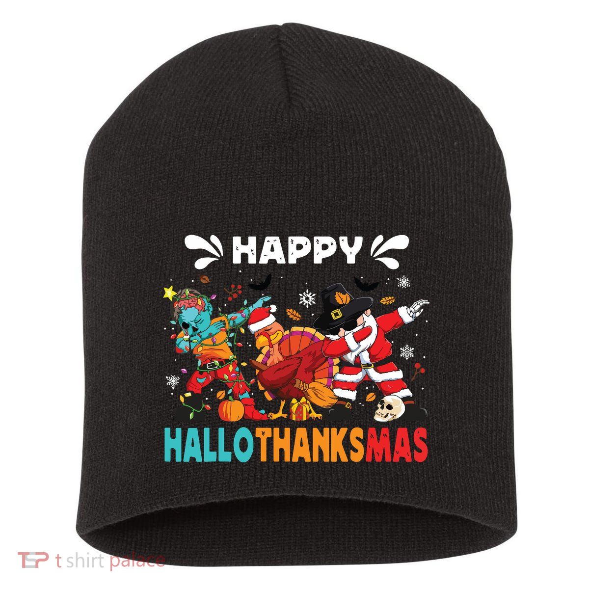 Happy Hallothanksmas Halloween Thanksgiving Christmas Short Acrylic Beanie
