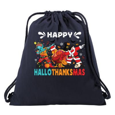 Happy Hallothanksmas Halloween Thanksgiving Christmas Drawstring Bag