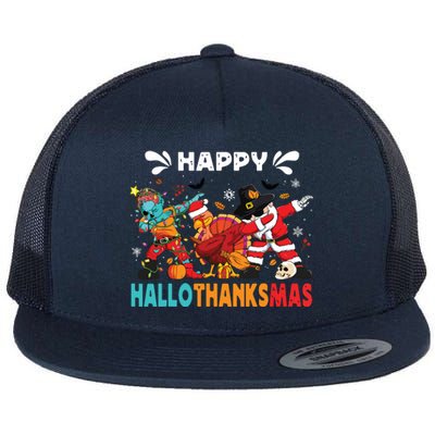 Happy Hallothanksmas Halloween Thanksgiving Christmas Flat Bill Trucker Hat