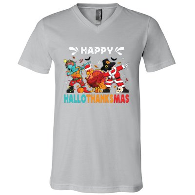 Happy Hallothanksmas Halloween Thanksgiving Christmas V-Neck T-Shirt