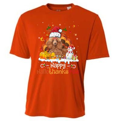 Happy Hallothanksmas Halloween Thanksgiving Christmas Poodle Gift Cooling Performance Crew T-Shirt