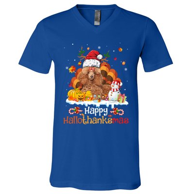 Happy Hallothanksmas Halloween Thanksgiving Christmas Poodle Gift V-Neck T-Shirt