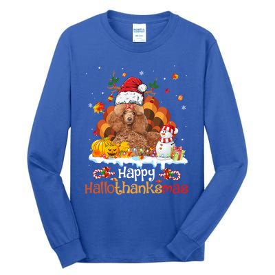 Happy Hallothanksmas Halloween Thanksgiving Christmas Poodle Gift Tall Long Sleeve T-Shirt