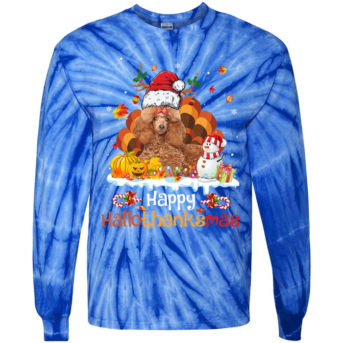 Happy Hallothanksmas Halloween Thanksgiving Christmas Poodle Gift Tie-Dye Long Sleeve Shirt