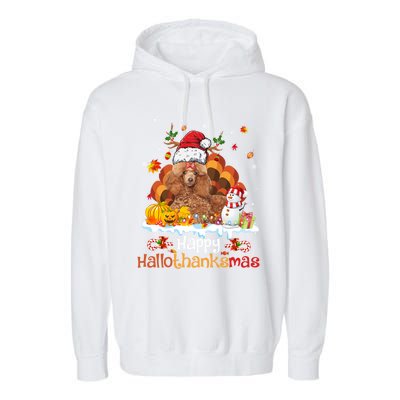 Happy Hallothanksmas Halloween Thanksgiving Christmas Poodle Gift Garment-Dyed Fleece Hoodie