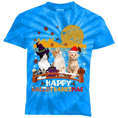 Happy Hallothanksmas Halloween Thanksgiving XMas Cat Lovers Gift Kids Tie-Dye T-Shirt