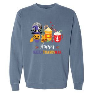 Halloween Happy Hallothanksmas Coffee Latte Thanksgiving Garment-Dyed Sweatshirt