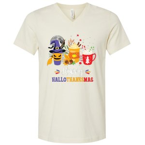 Halloween Happy Hallothanksmas Coffee Latte Thanksgiving V-Neck T-Shirt