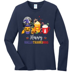 Halloween Happy Hallothanksmas Coffee Latte Thanksgiving Ladies Long Sleeve Shirt