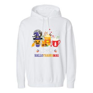 Halloween Happy Hallothanksmas Coffee Latte Thanksgiving Garment-Dyed Fleece Hoodie