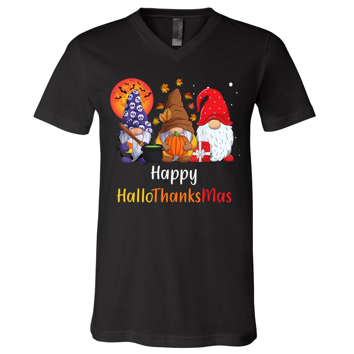 Happy Hallothanksmas Holiday Gnomes V-Neck T-Shirt