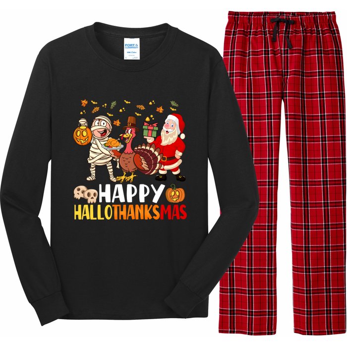 Happy Hallothanksmas Halloween Thanksgiving Christmas Day Funny Gift Long Sleeve Pajama Set