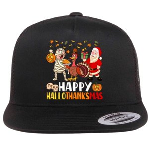 Happy Hallothanksmas Halloween Thanksgiving Christmas Day Funny Gift Flat Bill Trucker Hat