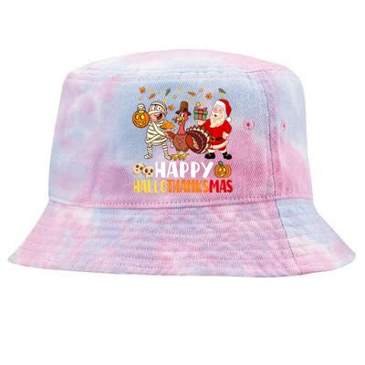 Happy Hallothanksmas Halloween Thanksgiving Christmas Day Funny Gift Tie-Dyed Bucket Hat